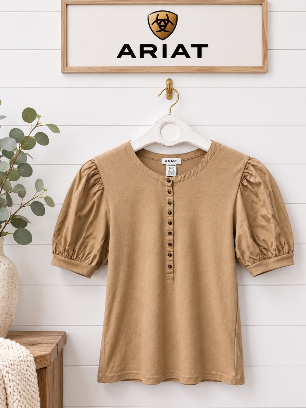 •ARIAT Puff Sleeve Henley Top Beige Size Small
